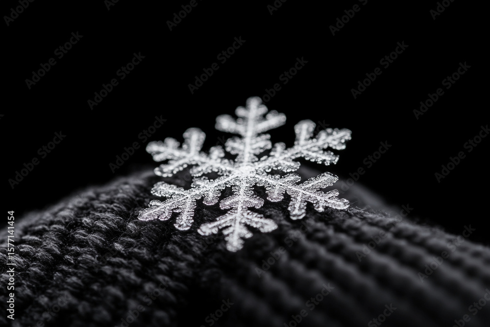 Poster close-up view of a delicate snowflake resting on black fabric