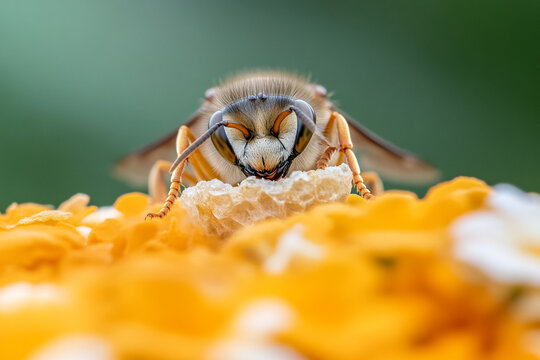 Close-up view of a wasp feeding on vibrant yellow flowers - Powered by Adobe