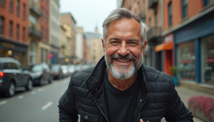 Fototapeta premium Middle-aged man running in urban city street. He is standing with casual attire, smiling face, and healthy expression. Green lamppost and city buildings form the background.