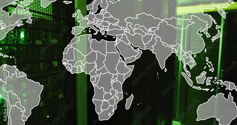Poster Startup world map overlay shifting left and centering map above animated racks to visualize network