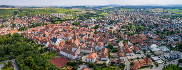 Aerial view around the old town in the city  Volkach on an sunny spring morning