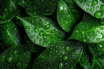 Fototapeta premium Close-up view of raindrops on fresh green leaves in nature