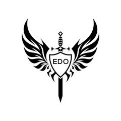 EDO Black and White Heraldic Emblem with Wings and Sword, EDO Later Logo, Guardian Angel Sword and Shield Tribal Vector, Winged Sword and Shield Logo Design with Tribal Style. 

