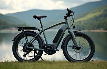 Naklejka premium Black electric bike parked on grassy lake shoreline. Bike leans against tree trunk, contrasting with natural surroundings. Calm water reflects peaceful scene, mountains backdrop serenity.