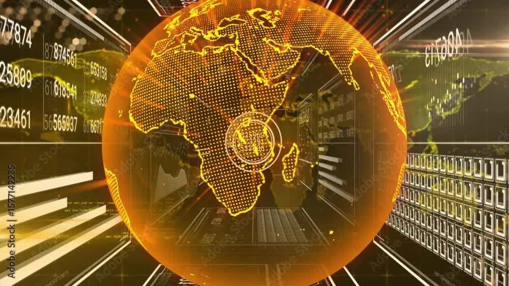 Poster golden map sliding aside, revealing rotating globe with readout, concentric rings visualizing data