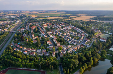 Aerial view around the old town in the city Werdau on an sunny spring day