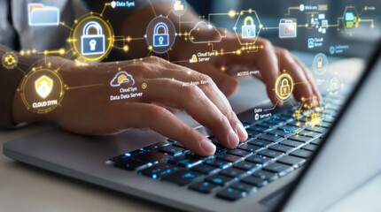 Secure Data Network: Hands Typing on Laptop with Digital Security Overlay.