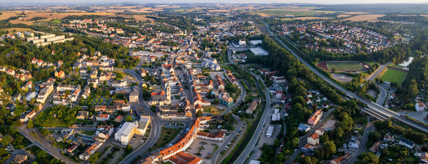 Aerial view around the old town in the city Werdau on an sunny spring day