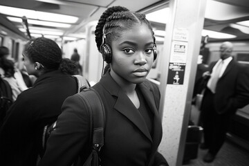 Young commuter enjoys music while navigating busy subway