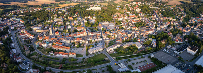 Aerial view around the old town in the city Werdau on an sunny spring day