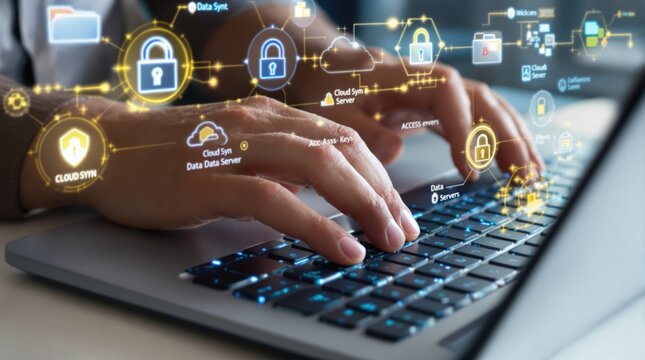 Secure Data Network: Hands Typing on Laptop with Digital Security Overlay.