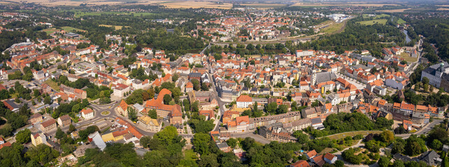 Aerial view around the old town in the city Weißenfels on an sunny spring day