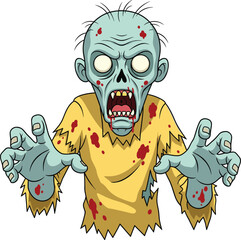 Cartoon zombie in yellow shirt reaching forward, creepy undead creature, scary Halloween horror monster, blood stains, white eyes, green blue skin, comic illustration