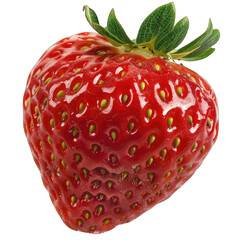 Single, ripe strawberry, vibrant red, glossy skin, tiny seeds, green leaves (1)