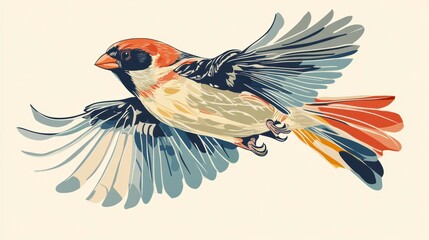 Naklejka premium Colorful bird in flight, wings spread wide, detailed illustration.