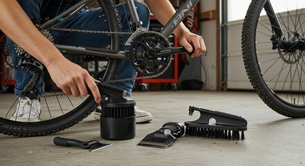 Bicycle maintenance: Man cleaning bike chain with specialized cleaning tools in garage