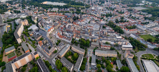 Aerial view around the old town in the city Zwickau on an cloudy spring day