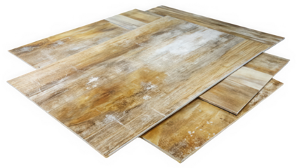 A collection of textured wooden floor tiles in various shades of brown, stacked neatly. The warm tones add a rustic appeal, perfect for home decor.