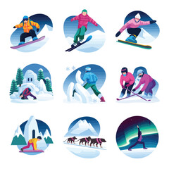 2d vector illustration icon, set of vibrant representing unique winter activities and sports
