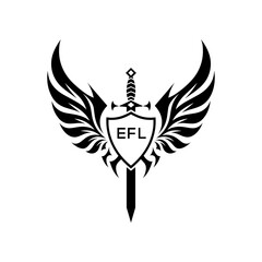 EFL Black and White Heraldic Emblem with Wings and Sword, EFL Later Logo, Guardian Angel Sword and Shield Tribal Vector, Winged Sword and Shield Logo Design with Tribal Style. 
