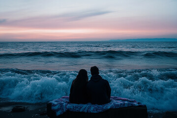 Fototapeta premium Couple enjoys beach sunset while sharing a cozy blanket