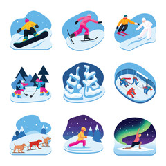 2d vector illustration icon, set of vibrant representing unique winter activities and sports
