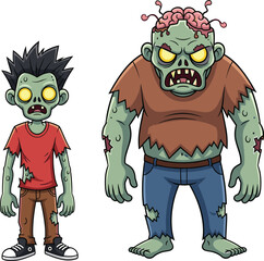 Cartoon kid and big zombie character, scary undead duo illustration, Halloween monster pair, comic horror style, exposed brain, creepy green skin walking dead