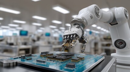 Robotic arm places parts onto circuit board emphasizing automation innovation. AI generated.
