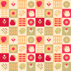 Summer pattern with flowers, raspberries and dragonflies in geometric style. Aesthetic print for paper, textile and fabric. Hand drawn background.