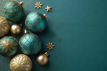 Elegant Green Background with Gold and Teal Christmas Ornaments and Copy Space for Holiday Design