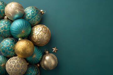 Elegant Green Background with Gold and Teal Christmas Ornaments and Copy Space for Holiday Design