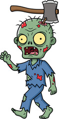 Cartoon zombie character with axe in head, scary undead creature, funny horror illustration, Halloween walking zombie, green skin monster, damaged clothes, comic style drawing