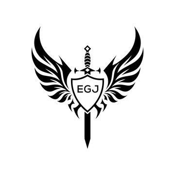EGJ Winged Sword and Shield Logo Design with Tribal Style, EGJ Later Logo, Black and White Heraldic Emblem with Wings and Sword.
