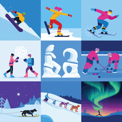 2d vector illustration icon, set of vibrant representing unique winter activities and sports
