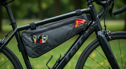 Black bicycle frame bag with tools and energy gel for on-the-go repairs and fuel