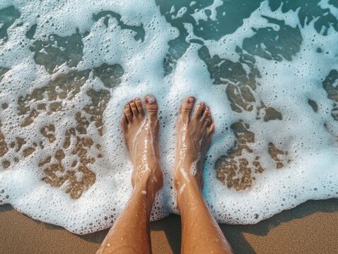 First-person view of waves washing over bare feet on a sandy beach