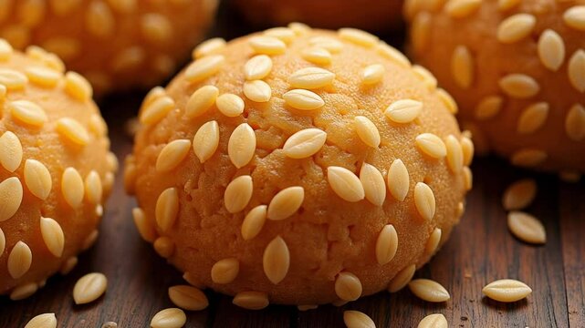 Captivating macro shot showcases a delicious Tilgul sesame ladoo with a glistening jaggery coating, a traditional sweet treat in stunning 4k detail.