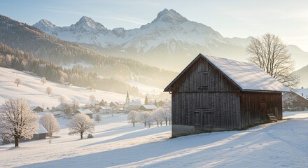 Snowy alpine valley with a rustic wooden barn and majestic mountains.