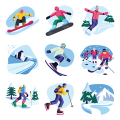 2d vector illustration icon, set of vibrant representing unique winter activities and sports
