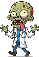 Cartoon zombie doctor character with stethoscope, medical coat, crazy expression, tongue out, Halloween undead creature, funny horror cartoon illustration, scary infected medic