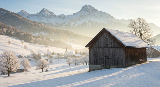 Snowy alpine valley with a rustic wooden barn and majestic mountains.