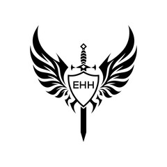 EHH Winged Sword and Shield Logo Design with Tribal Style, EHH Later Logo, Black and White Heraldic Emblem with Wings and Sword.
