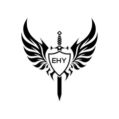 EHY Winged Sword and Shield Logo Design with Tribal Style, EHY Later Logo, Black and White Heraldic Emblem with Wings and Sword.
