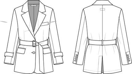 Trendy women's blazer CAD drawing, front and back view, stylish jacket sketch, fashion design, vector illustration, detailed garment layout