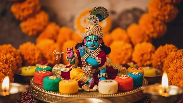 Ornamental Figurine of Krishna with Peacock Feather Crown Surrounded by Vibrant Orange Flowers and Colorful Offerings