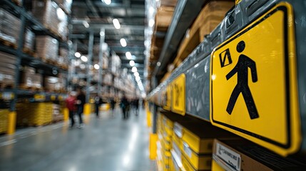 Warehouse safety sign showing pedestrian crossing symbol, promoting workplace regulations and industrial safety