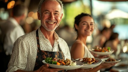 Happy senior and young person serving food in restaurant