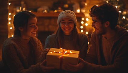 Friends sharing a Christmas gift