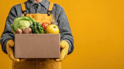 Volunteer holding donation box with food supplies, charity community help and support concept for social cause ads