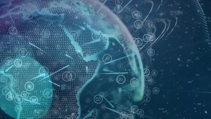 On start 3D globe rotating right data nodes appearing and streaming lines revealing global network - Powered by Adobe